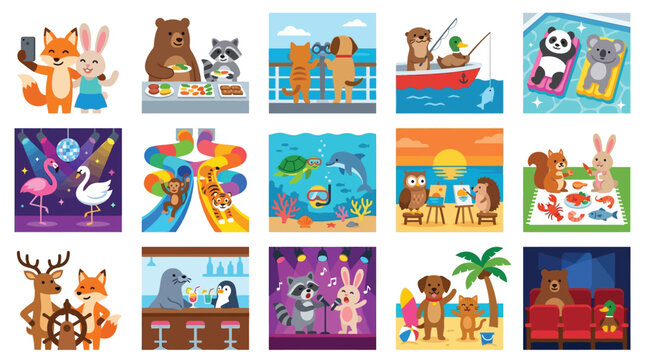 Collection of cute cartoon animals enjoying various activities and hobbies in different scenes.