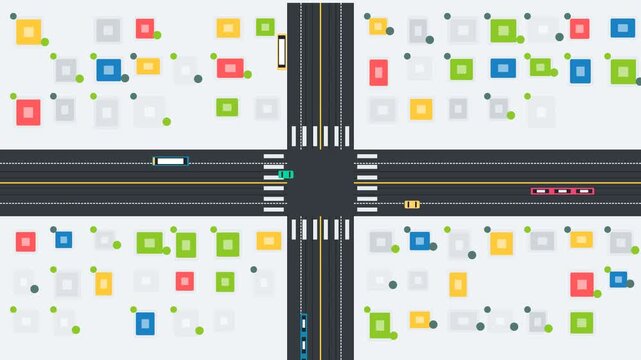 Minimalist Top Down View of Flat Design City Intersection with Traffic Movement and Colorful Geometric Buildings for Urban Planning