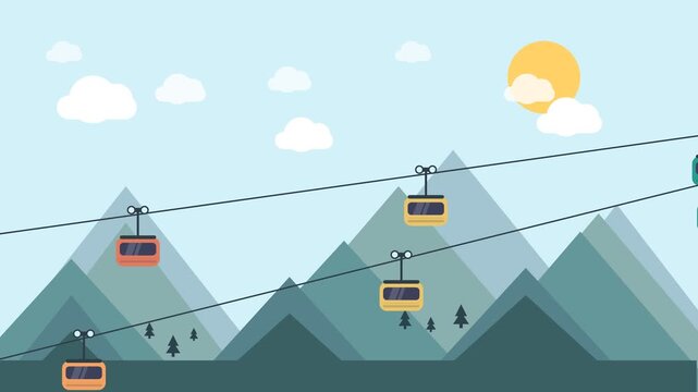 Flat vector illustration of colorful cable car gondolas moving through mountain peaks under a sunny sky for travel and tourism concepts