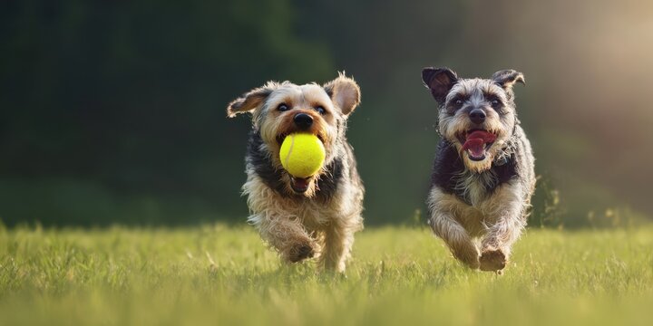 The Dogs Running Joyfully Through Sunlit Grass With A Tennis Ball