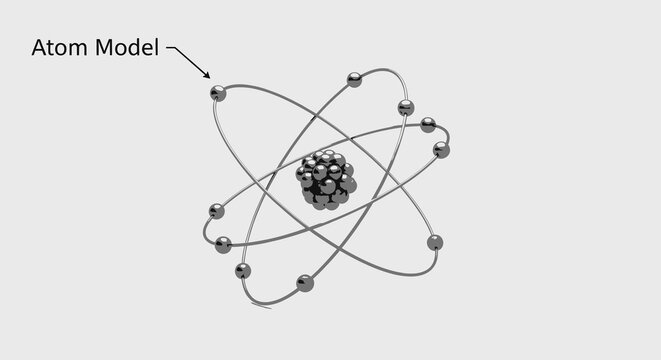 Scientific atom model diagram showing nucleus and orbiting electrons