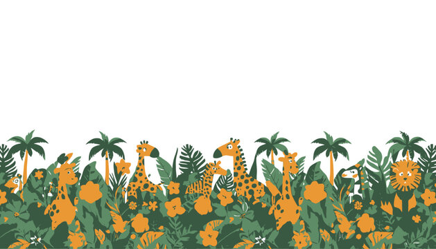 Cartoon Safari Animals and Jungle Plants Decorative Border