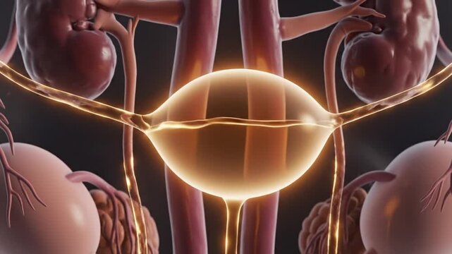 3D Medical Animation of Human Urinary System Showing Urine Flowing from Kidneys to Bladder with Organic Textures and Glowing Fluid