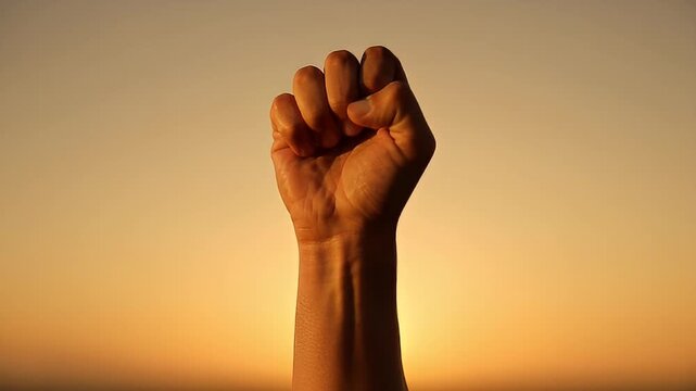 Clenched Fist Raised in Triumph Against Golden Sunset