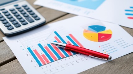 Obraz premium Business Analysis and Financial Planning with Graphs and Charts Representing Data Trends on Desk with Calculator and Pen in Bright Light