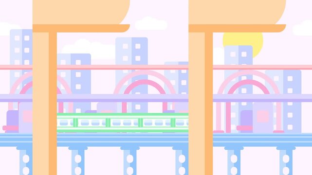 Pastel Flat Vector Animation of a Futuristic City Train Commuting on Elevated Rails in a Minimalist Urban Landscape