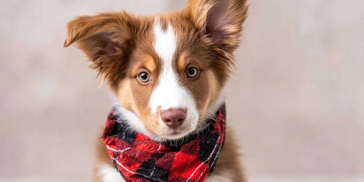 The puppy wearing a red plaid bandana looks into camera with curious expression