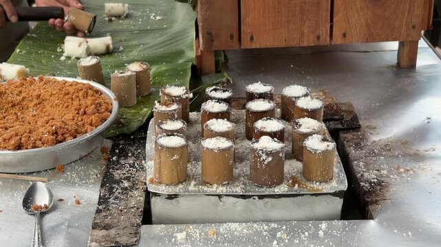 An Asian man selling traditional food removes freshly steamed putu cake dough from a bamboo mold after cooking during the street food preparation process.