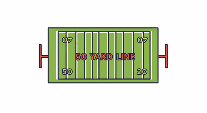 A stylized football field diagram featuring the 50-yard line prominently displayed