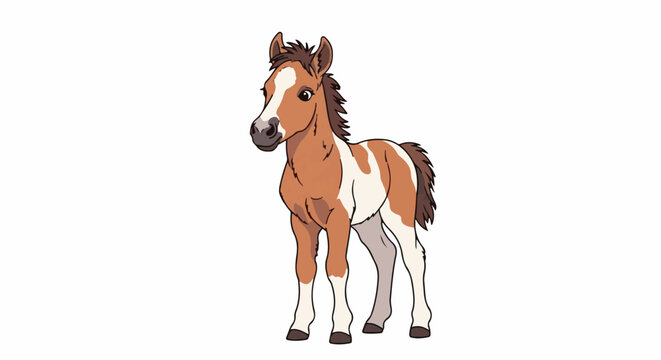 A cute cartoon pinto foal stands on a white background