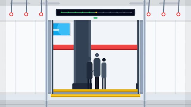 Flat Style Illustration of Subway Train Doors Opening at a Station with Waiting Passengers