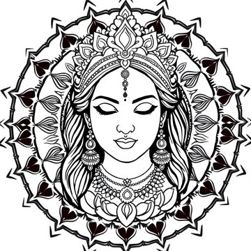 A serene woman with traditional Indian jewelry and ornate headpiece in black and white