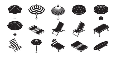 Beach equipment isometric icons set for summer holiday plan. © MdJahid
