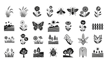 Obraz premium Modern meadow icon collection with black flat botanical and countryside symbols vector design