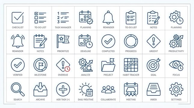 Editable stroke checklist and to do icon set in blue on white background for business organization