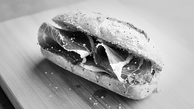 Bocadillo de Jamon Serrano on a wooden board in black and white