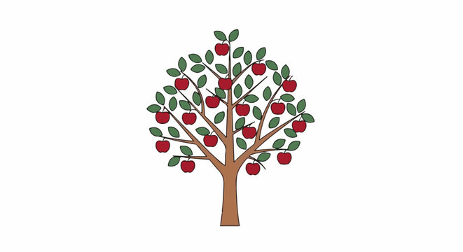 A stylized illustration of a mature apple tree laden with ripe red fruit