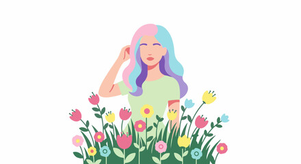 A stylized illustration of a woman with multi-colored hair stands amidst colorful blooming flowers © Hamzah