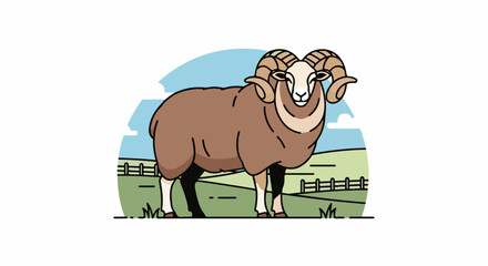 A stylized illustration of a ram with large horns stands in a grassy field © Hamzah