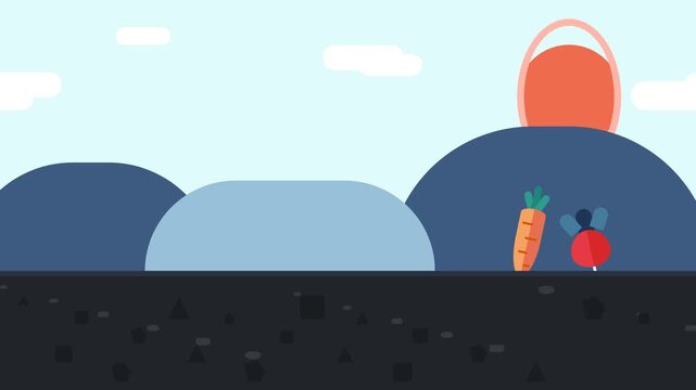 Minimalist Flat Vector Animation of Vegetable Harvest Featuring Carrots and Potato in a Farm Field