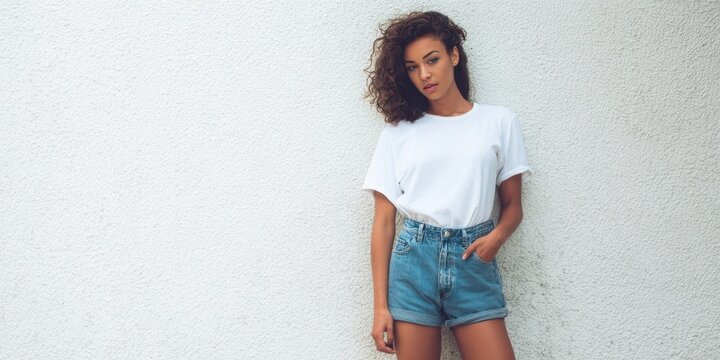The Woman in White T-Shirt and High-Waisted Denim Shorts Posing Against Textured Wall