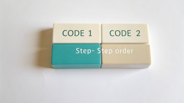 Colorful blocks with text displaying 'CODE 1' and 'CODE 2' representing the concept of step-by-step order in a creative way for educational purposes