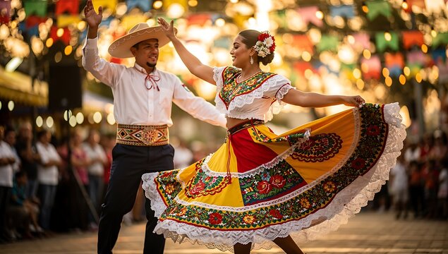 Paraguayan couple dancing traditional folk dance at outdoor festival