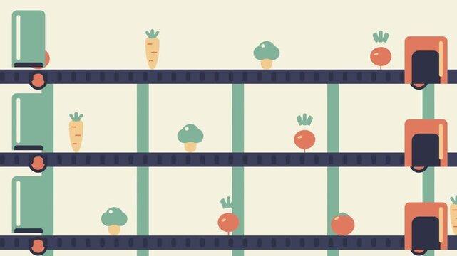Flat Design Animation of Fresh Vegetables Moving on Automated Factory Conveyor Belts for Food Industry