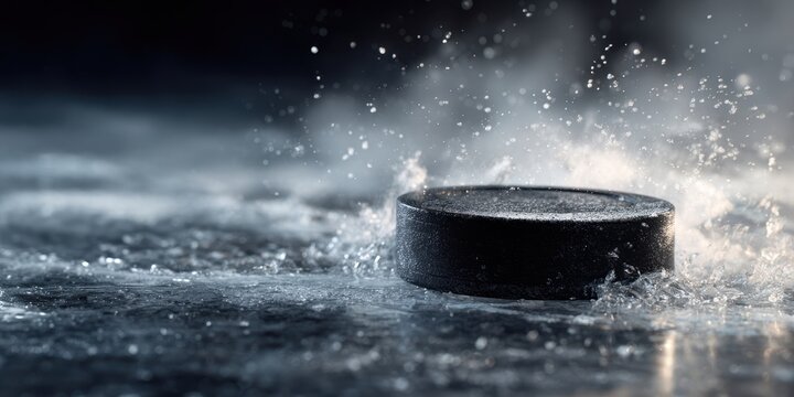 The hockey puck hitting an icy surface with dramatic splash and motion