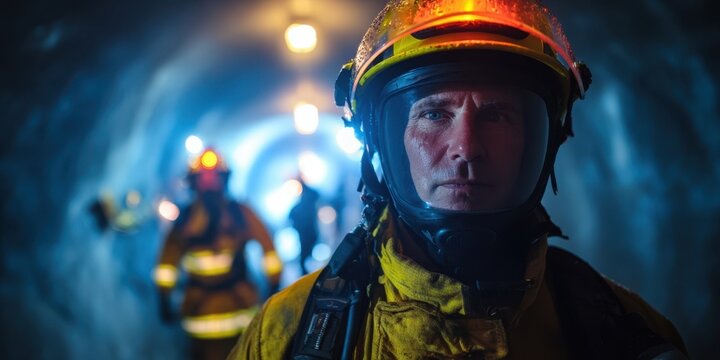 The Firefighter Standing in a Smoke Filled Tunnel Wearing Helmet and Protective Gear