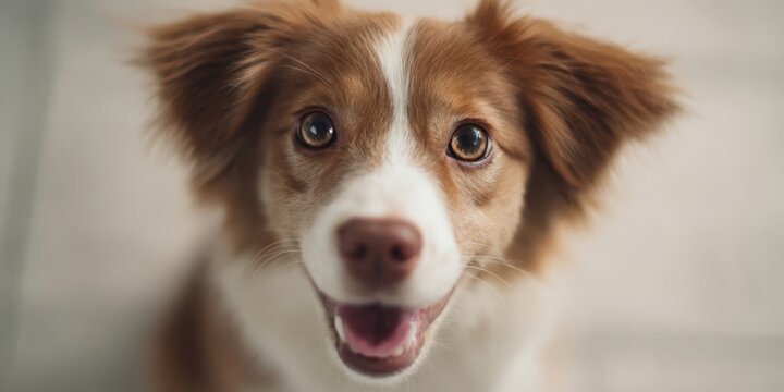 The Dog With Bright Brown Eyes Smiling Close-Up Portrait Indoor Soft Light