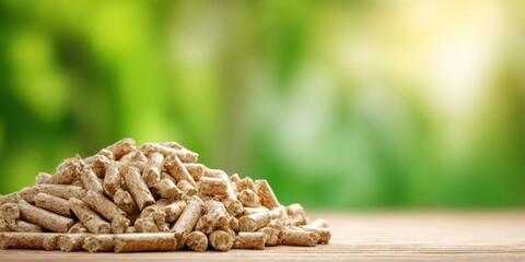 Fototapeta premium The Wood Pellets Pile on a Rustic Wooden Surface with Green Background
