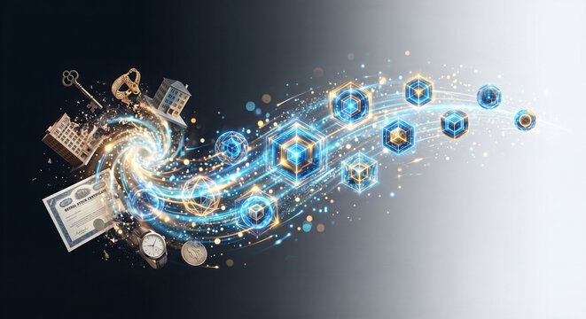 Glowing Hexagonal Digital Tokens Flowing in Light Streams on Soft White Gradient Background Tokenization and Asset Digitization Concept
