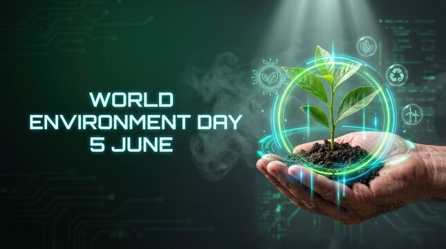 World Environment Day 5 June concept, digital green technology background with hand holding plant sprout, sustainable eco-friendly innovation