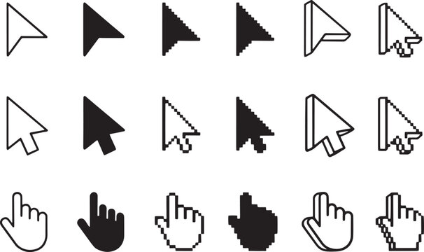 Collection of cursor pointer icons and hand cursors in various styles with icon mouse pixel arrow selection web computer