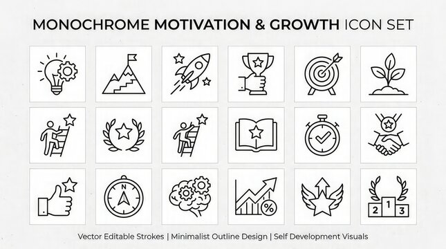 Monochrome motivation and growth icon set for self development vector editable strokes minimalist outline design