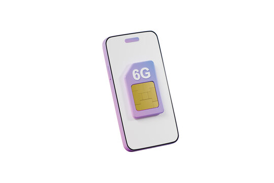 3d 6G SIM card smartphone icon. next generation mobile connectivity concept. minimal cartoon phone with purple smart card and gold chip. isolated on white transparent background. 3d render.