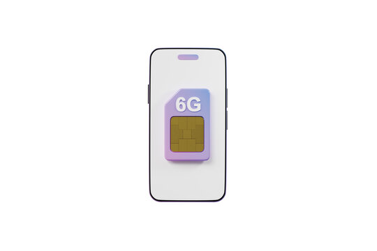 3d 6G SIM card smartphone icon. next generation mobile connectivity concept. minimal cartoon phone with purple smart card and gold chip. isolated on white transparent background. 3d render.