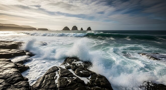 Dramatic Ocean Waves Crashing Against Dark Coastal Rocks