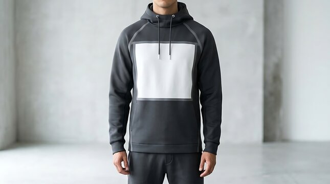 Modern studio image of a person in a dark gray hoodie, showcasing a customizable blank white space on the chest, perfect for presenting apparel designs and brand mockups with clarity