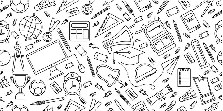 School supplies seamless pattern. School attributes seamless pattern. Student accessories repeat background. Back to school banner. Education doodle pattern background.