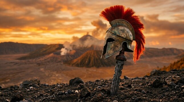An ancient Spartan helmet with a red plume, impaled on a sword, stands on a volcanic terrain under a fiery sunset sky. Epic and historical.