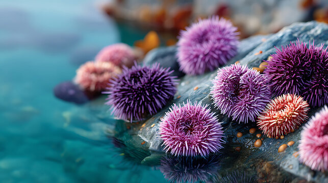 Sea urchins attached to tide pool rocks, showcasing vibrant textures and natural coastal detail in a clean minimalist shoreline scene.