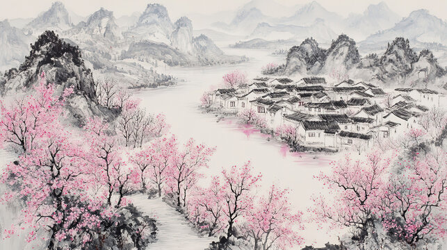 Chinese ink painting pink peach blossoms blooming in ancient valley houses and paths scattered harmoniously river meanders along both banks vast scene high vantage point mountains continuous line rive