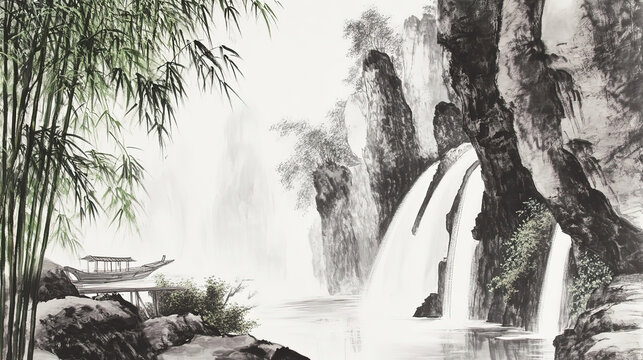 Chinese ink wash landscape mountain cliffs waterfalls scroll style white background green bamboo foreground small boat lower left mid rocks large dark rock rear right soft light close up perspective