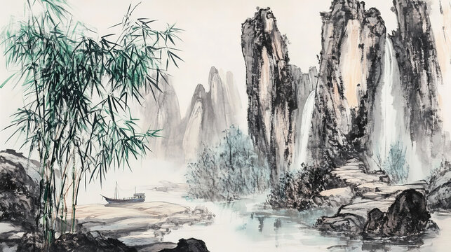 Traditional Chinese ink painting mountain cliffs waterfalls white background foreground green bamboo forest boat at lower left mid ground rock group huge dark gray black rock rear right ink wash close