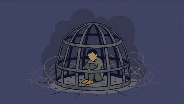 Lonely Person Trapped Inside Iron Cage with Thorny Vines, Flat Illustration of Mental Health Depression Imprisonment Isolation and Emotional Captivity Concept Psychology Disorder Dark Background