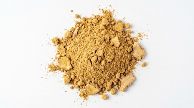Pile of natural yellow ochre mineral pigment powder isolated on white background.