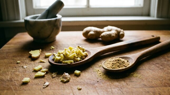 Fresh ginger root, chopped ginger on wooden spoon, and ginger powder on cutting board with marble mortar and pestle in the background.