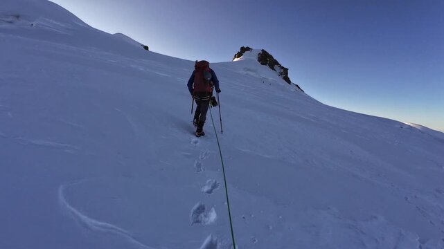 POV mountaineering in rope team with mountaineers and mountain glacier panorama towards summit Corno Nero (Schwarzhorn) in summer in Pennine Alps, Italy
